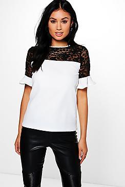 Boohoo Ethel Lace Panel Frill Sleeve Top