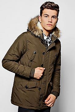 Boohoo Khaki Parka With Faux Fur Lined Hood