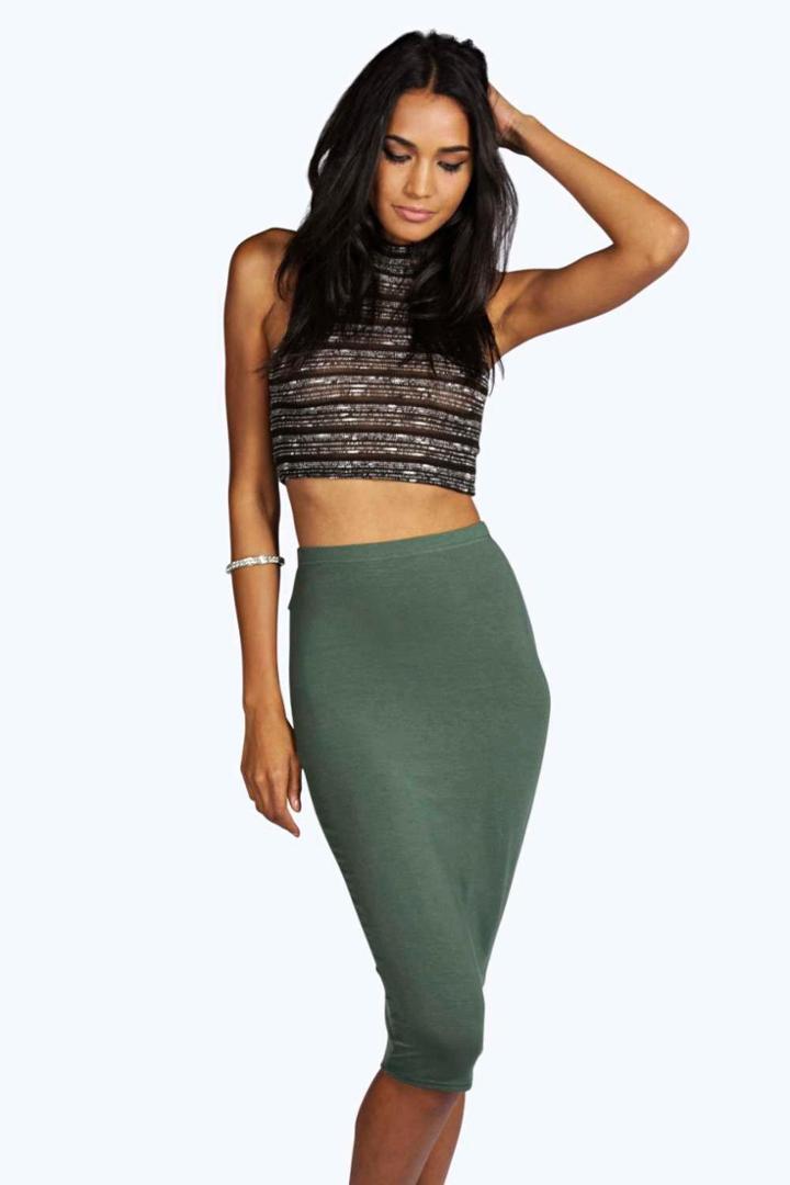 Boohoo Tall Mindy Jersey Midi Skirt Khaki