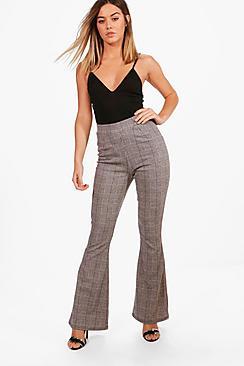 Boohoo Petite Florrie Check Kick Flare Trousers