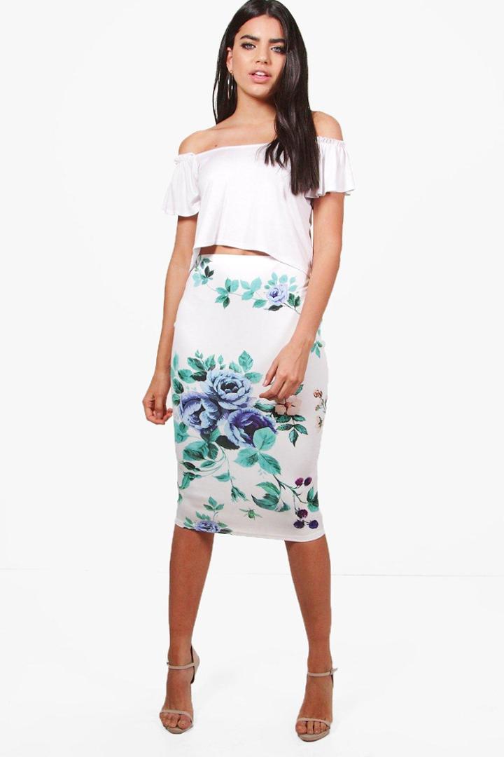 Boohoo Niamh Floral Midi Skirt White