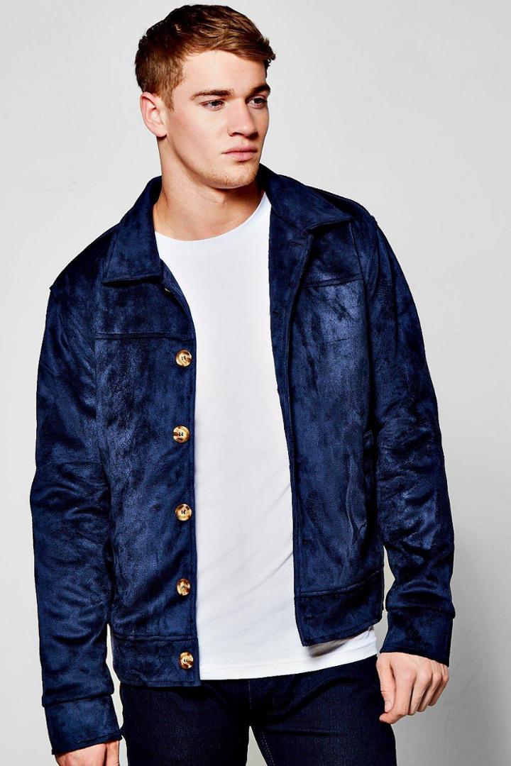 Boohoo Button Through Suedette Trucker Jacket Navy