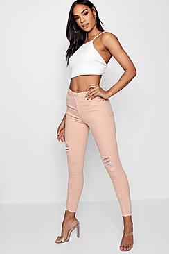 Boohoo Poppy High Waisted Destroyed Hem Skinny Jeans