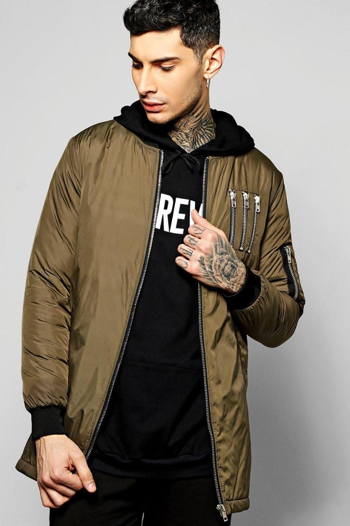 Boohoo Longline Multi Zip Ma1 Bomber Khaki