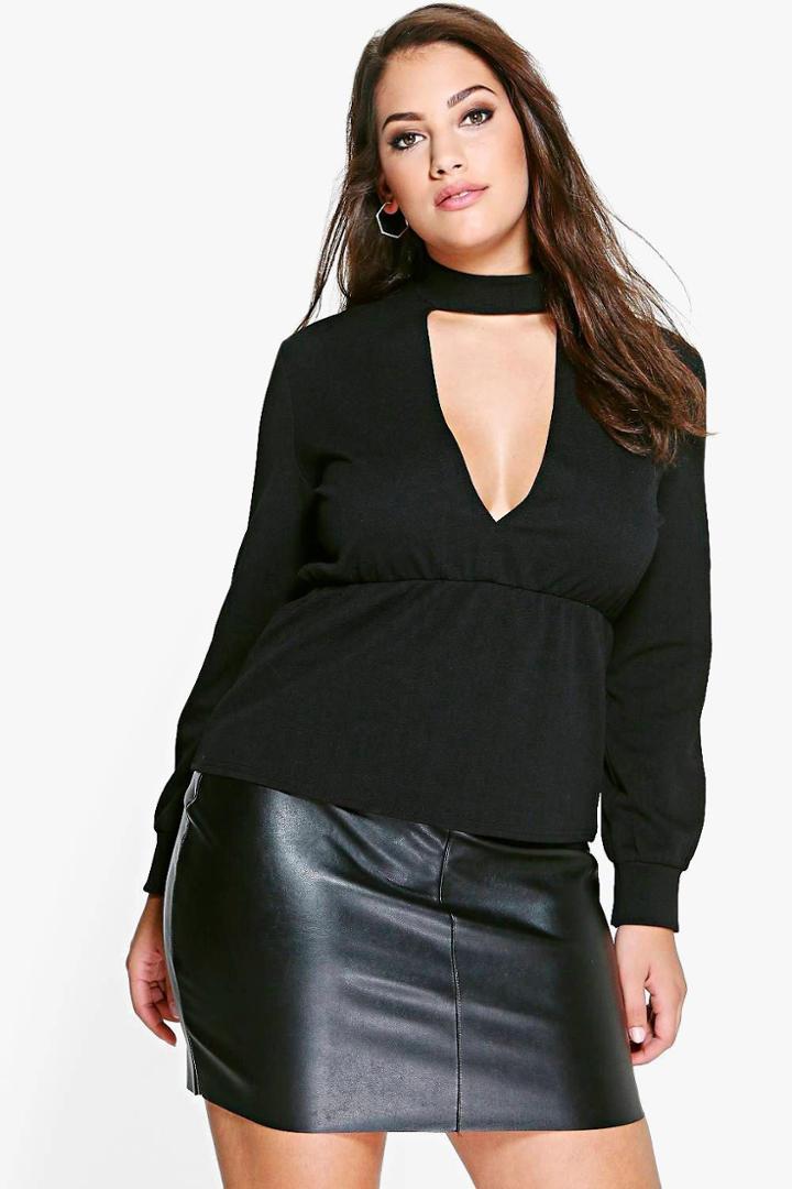 Boohoo Plus Rose Choker Detail Peplum Top Black