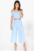 Boohoo Lexi Off The Shoulder Top And Culotte Co-ord Set Sky