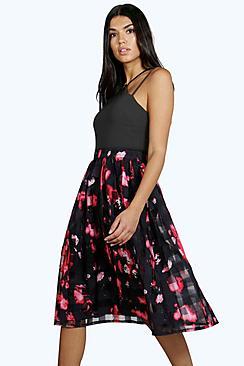 Boohoo Boutique Layla Printed Grid Mesh Skater Dress