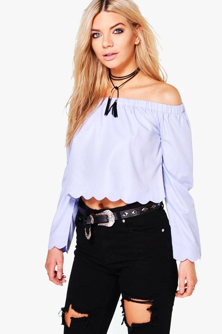 Boohoo Stacey Scallop Edge Bardot Top Blue