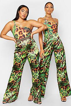Boohoo Satin Wide Leg Tropical Leopard Trousers