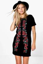 Boohoo Mila Printed Embroidered Shift Dress Black