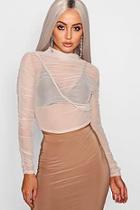 Boohoo Millicent Mesh Ruched Long Sleeve Crop Top