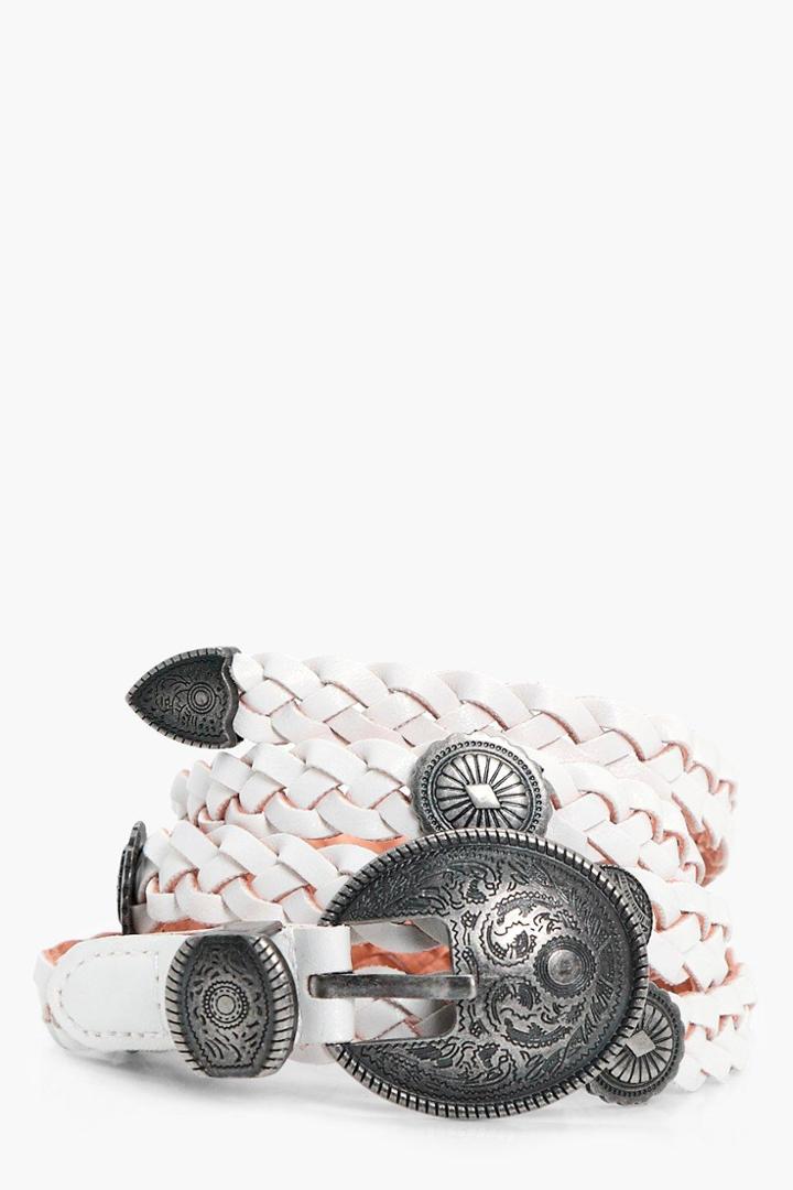 Boohoo Jess Skinny Plait Concho Belt White
