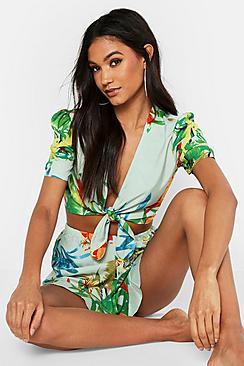 Boohoo Tropical Tie Front Pj Short Set