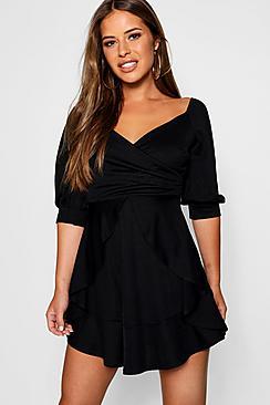 Boohoo Petite Chrissy Detail Wrap Skater Dress