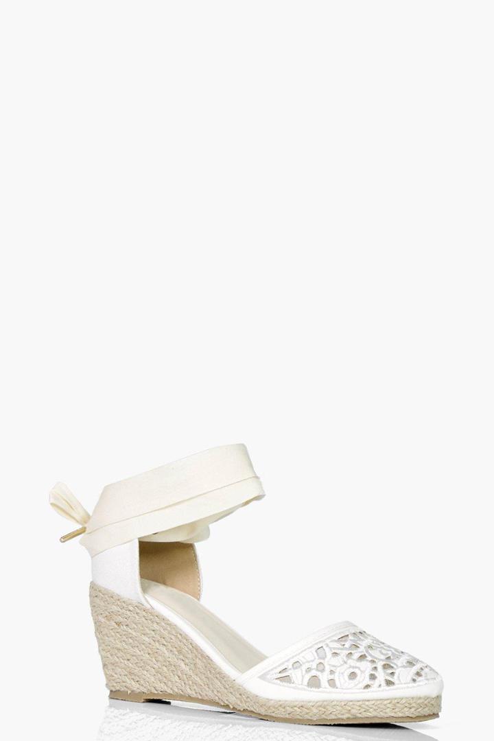 Boohoo Olivia Lace Toe Ribbon Tie Espadrille Wedge White