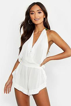 Boohoo Petite Tassel Trim Cheesecloth Beach Romper