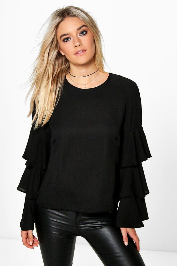 Boohoo Alice Frill Sleeve Woven Blouse Black