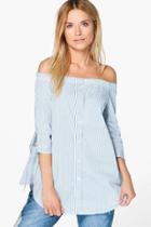 Boohoo Bryony Off The Shoulder Stripe Woven Top Blue