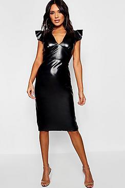 Boohoo Pu Frill Sleeve Midi Dress