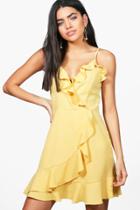Boohoo Hollie Strappy Frill Wrap Skater Dress Yellow