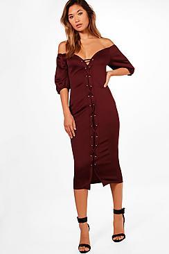 Boohoo Lo Off The Houlder Puff Ball Eyelet Midi Dress
