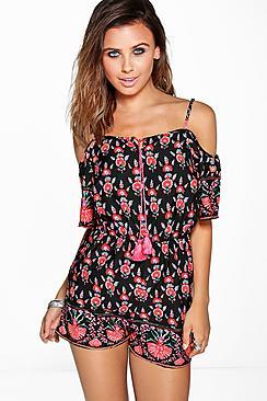 Boohoo Petite Mia Woven Floral Print Cold Shoulder Playsuit