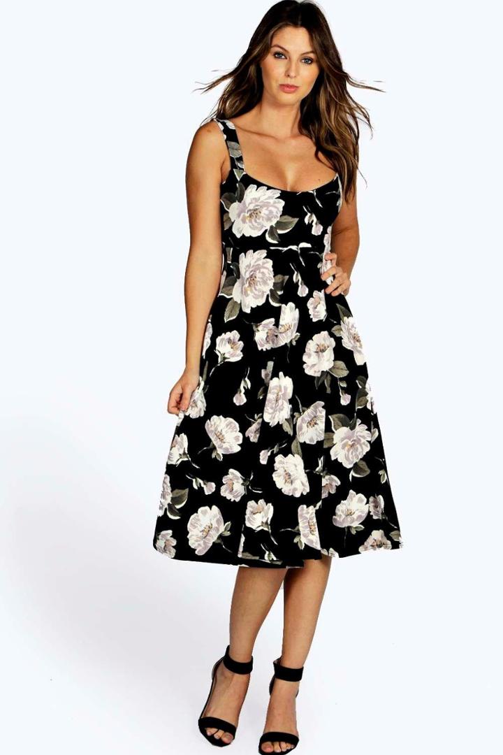 Boohoo Liz Wide Strappy Sweetheart Floral Skater Dress Black