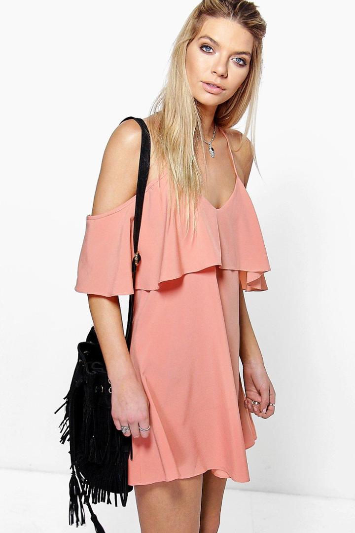 Boohoo Sakiya Frill Cold Shoulder Woven Swing Dress Blush