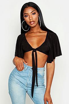 Boohoo Tie Front Batwing Crop Top