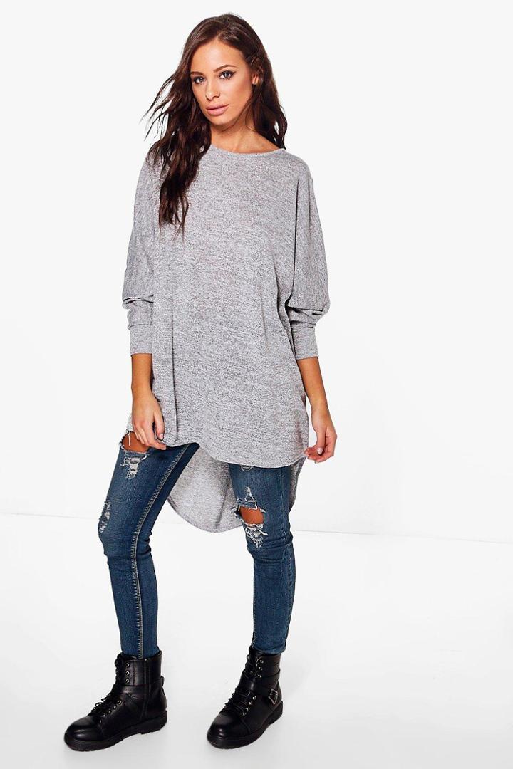 Boohoo Lola Dip Hem Knitted Oversized Top Grey