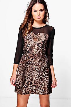 Boohoo Bailey Mesh Panel Leopard Skater Dress