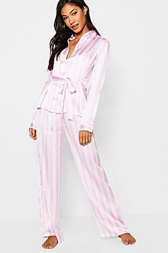 Boohoo Stripe Satin Button Through Tie Front Pj Set