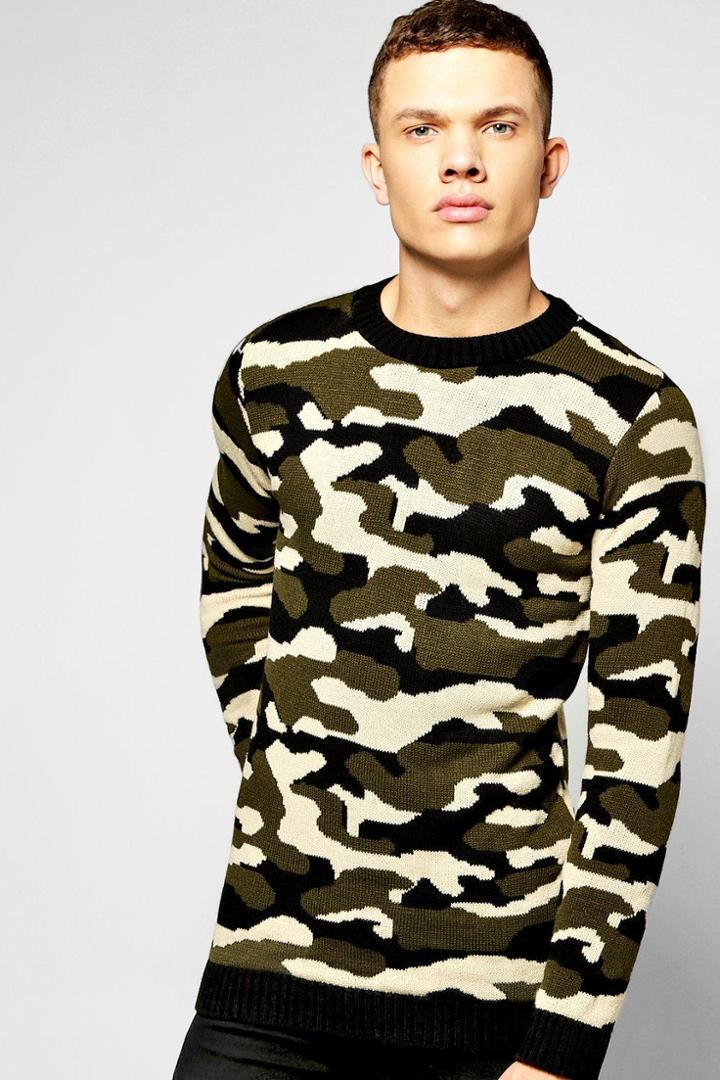 Boohoo Crew Neck Knitted Camo Jumper Camo