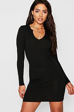 Boohoo Jumbo Rib Notch Neck Long Sleeve Mini Dress