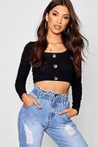 Boohoo Rib Knit Long Sleeve Button Front Crop