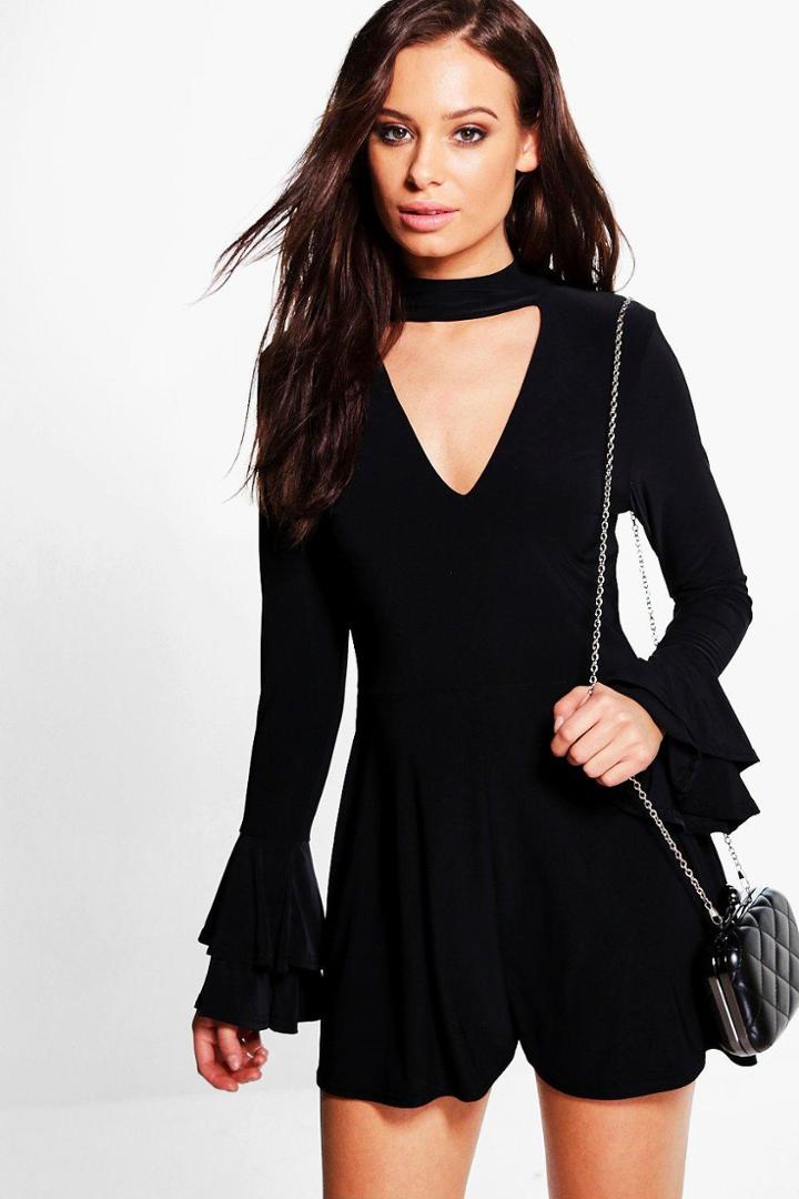 Boohoo Rosie Choker Plunge Flare Sleeve Playsuit Black