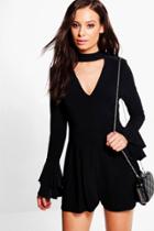Boohoo Rosie Choker Plunge Flare Sleeve Playsuit Black