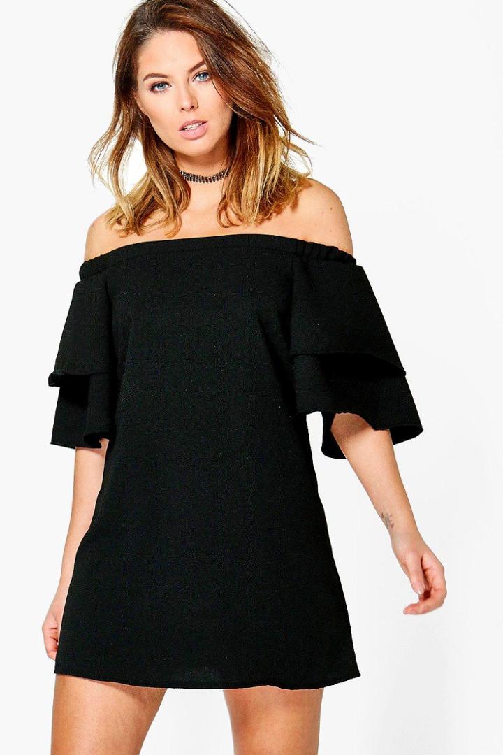 Boohoo Carmen Off Shoulder Ruffle Shift Dress Black