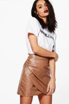 Boohoo Elettra Rouched Side Leather Look Mini Skirt Taupe