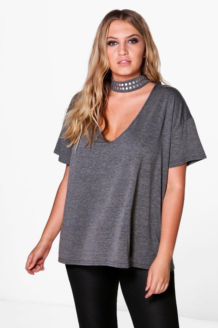 Boohoo Plus Amelia Stud Choker Detail Tee Charcoal