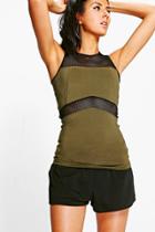 Boohoo Rose Fit Mesh Panel Running Tank Top Khaki