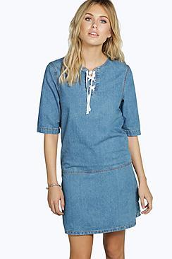 Boohoo Laura Lace Up Front Tunic Denim Dress