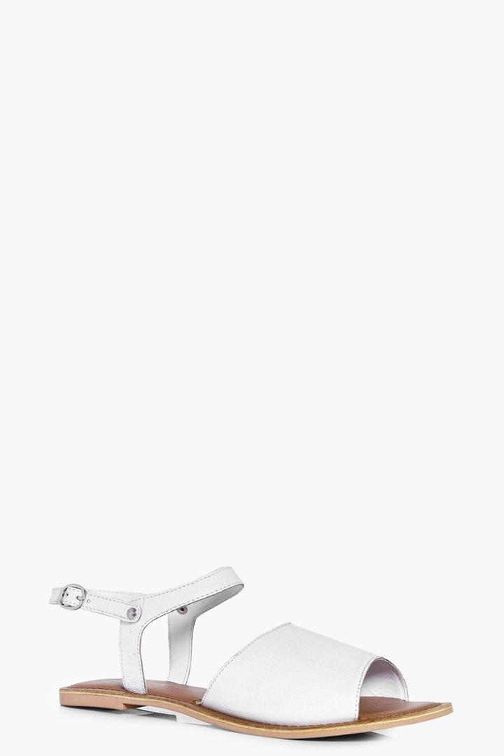 Boohoo Violet Peeptoe Ankle Strap Leather Flat Mule White
