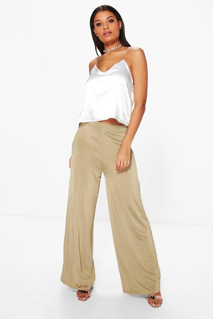 Boohoo Sofie Mesh Insert Wide Leg Slinky Trousers Olive