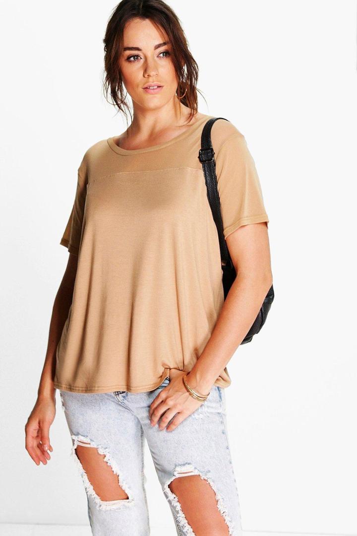 Boohoo Plus Kylie Mesh Panel Tee Stone