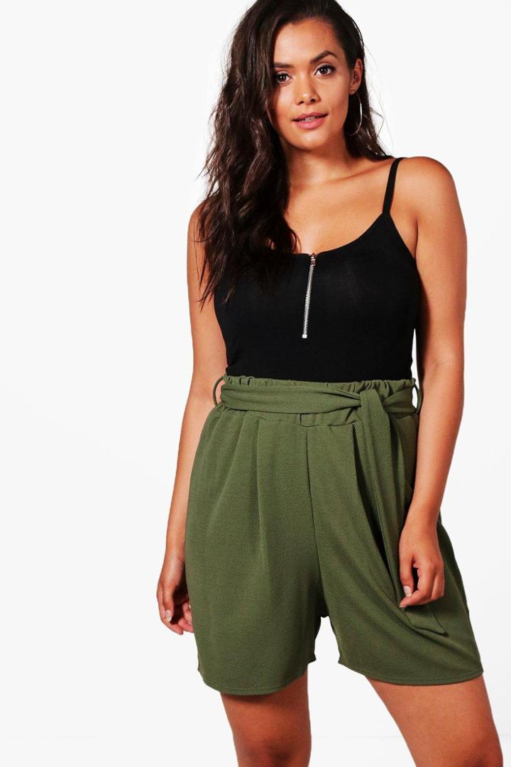 Boohoo Plus Lucy Tie Belt Pleated Shorts Khaki