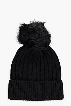Boohoo Rib Knot Detachable Faux Fur Beanie