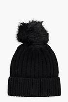 Boohoo Rib Knot Detachable Faux Fur Beanie