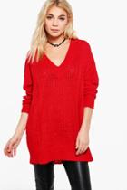 Boohoo Molly Deep V Oversized Jumper Red