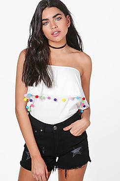 Boohoo Julia Pom Pom Trim Bandeau Ruffle Top